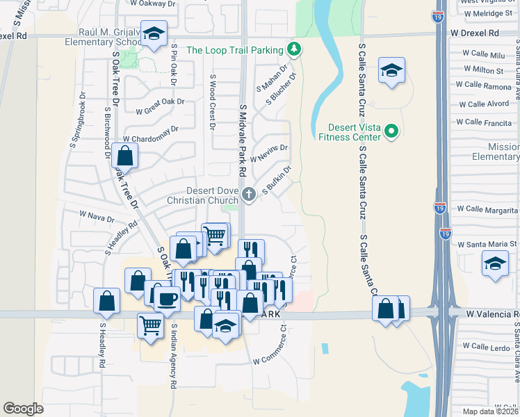 map of restaurants, bars, coffee shops, grocery stores, and more near 6163 South Midvale Park Road in Tucson