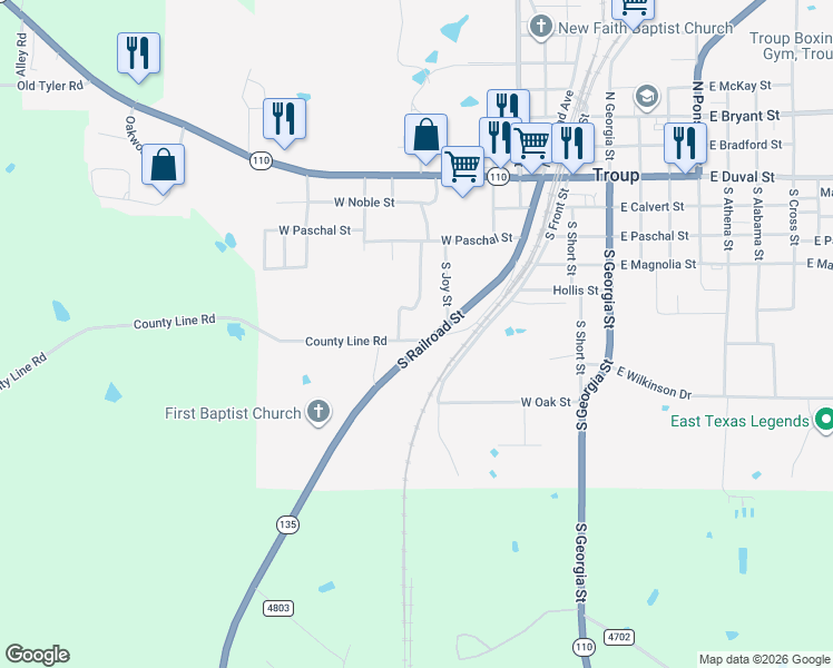 map of restaurants, bars, coffee shops, grocery stores, and more near 611 South Railroad Street in Troup