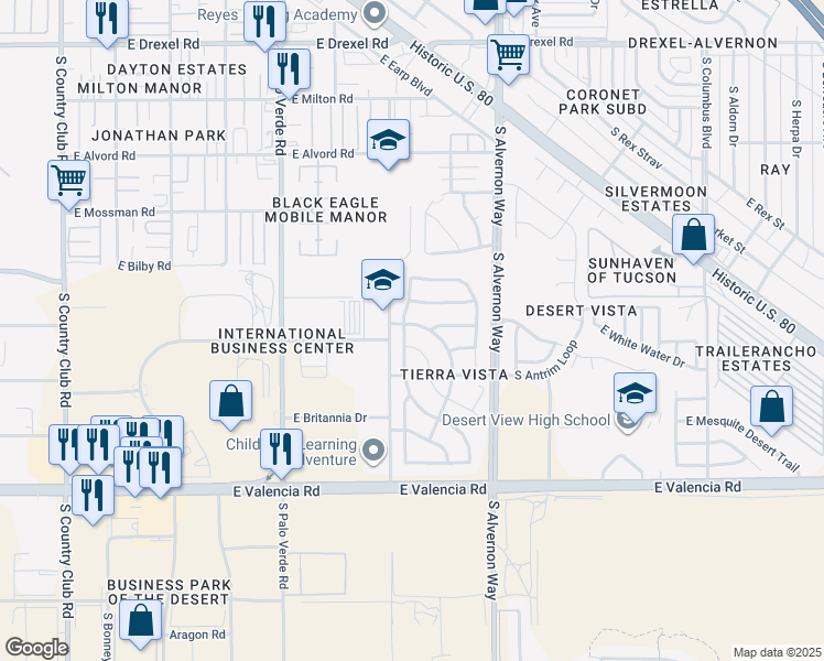 map of restaurants, bars, coffee shops, grocery stores, and more near 6226 South Sun View Way in Tucson