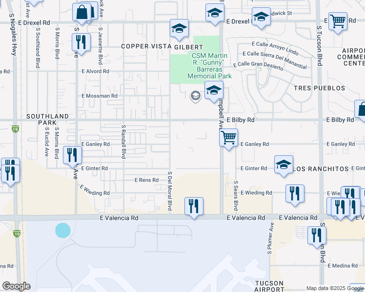 map of restaurants, bars, coffee shops, grocery stores, and more near 6241 South Del Moral Boulevard in Tucson