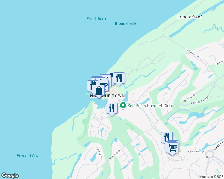 map of restaurants, bars, coffee shops, grocery stores, and more near 139 Lighthouse Road in Hilton Head Island