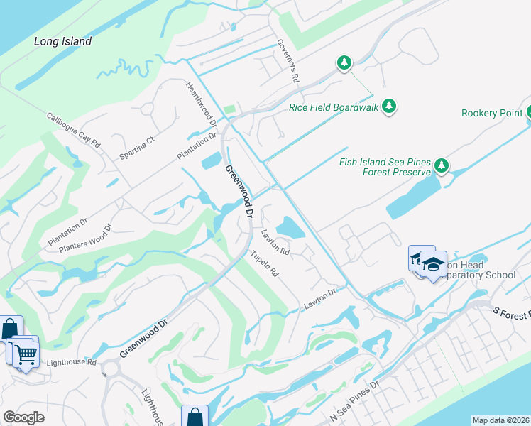 map of restaurants, bars, coffee shops, grocery stores, and more near 67 Lawton Road in Hilton Head Island