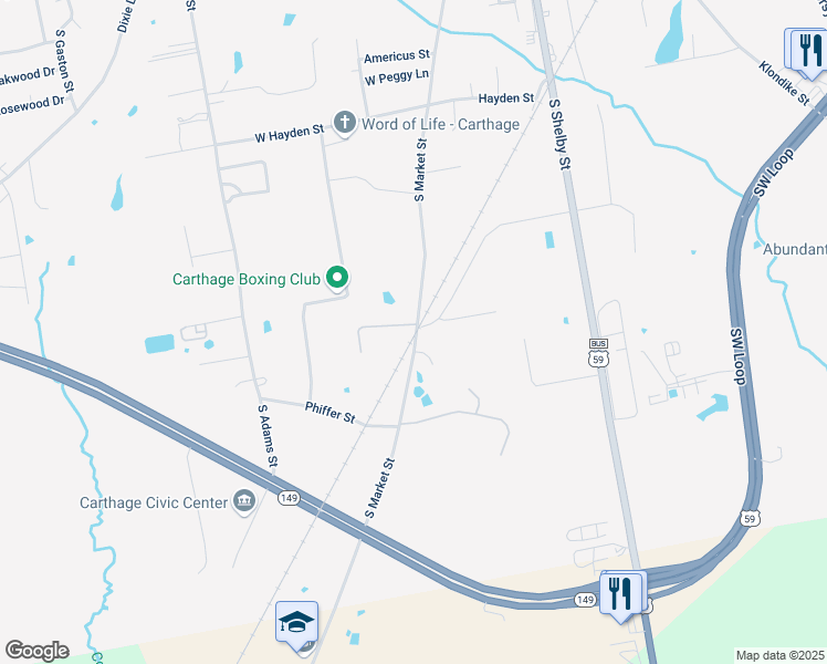 map of restaurants, bars, coffee shops, grocery stores, and more near 1300 South Market Street in Carthage