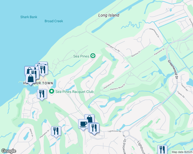 map of restaurants, bars, coffee shops, grocery stores, and more near 15 Twin Pines Road in Hilton Head Island