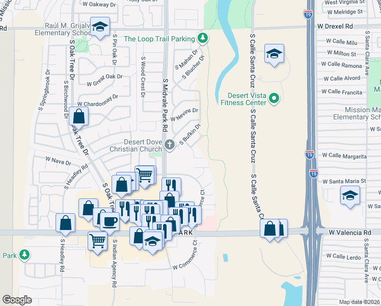 map of restaurants, bars, coffee shops, grocery stores, and more near 6200 South Truman Drive in Tucson
