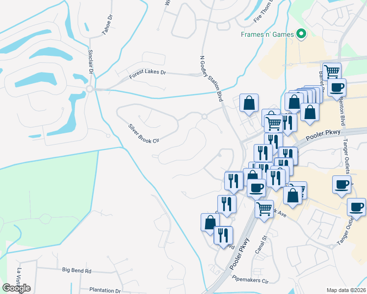 map of restaurants, bars, coffee shops, grocery stores, and more near 415 Copper Creek Circle in Pooler