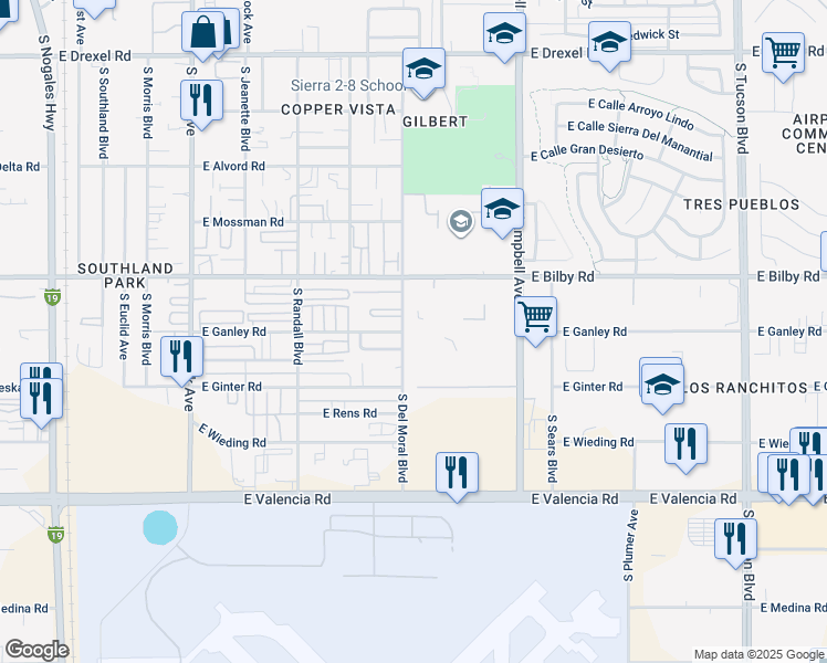 map of restaurants, bars, coffee shops, grocery stores, and more near 6280 South Campbell Avenue in Tucson
