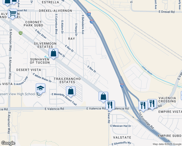 map of restaurants, bars, coffee shops, grocery stores, and more near 4550 East Rex Street in Tucson