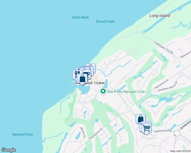 map of restaurants, bars, coffee shops, grocery stores, and more near 139 Lighthouse Road in Hilton Head Island
