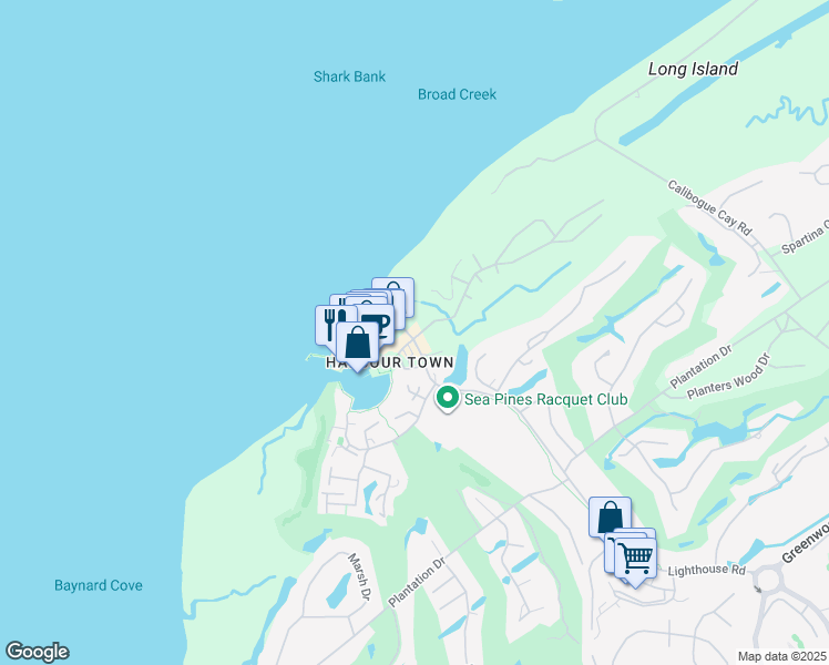 map of restaurants, bars, coffee shops, grocery stores, and more near 139 Lighthouse Road in Hilton Head Island