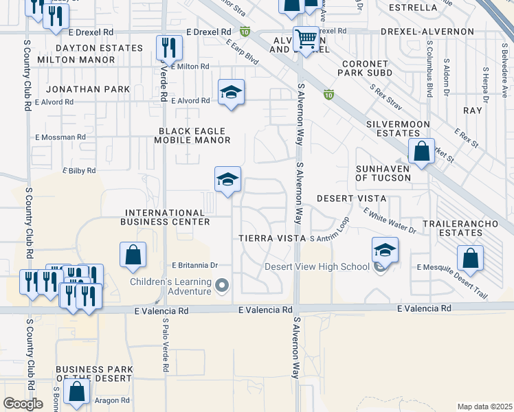 map of restaurants, bars, coffee shops, grocery stores, and more near 6241 South Sun View Way in Tucson