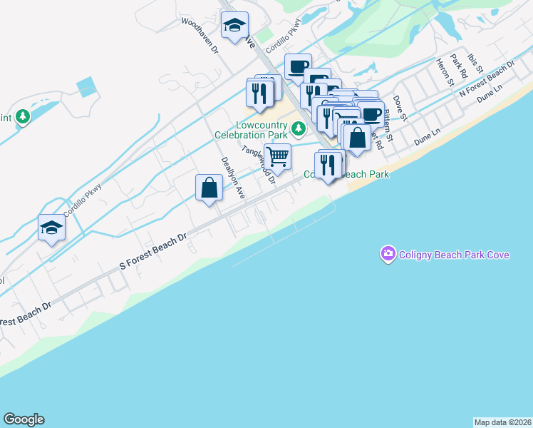 map of restaurants, bars, coffee shops, grocery stores, and more near 23 South Forest Beach Drive in Hilton Head Island
