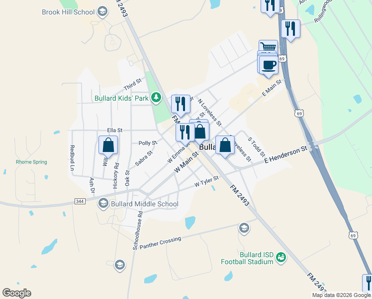 map of restaurants, bars, coffee shops, grocery stores, and more near 113 Phillips Street in Bullard