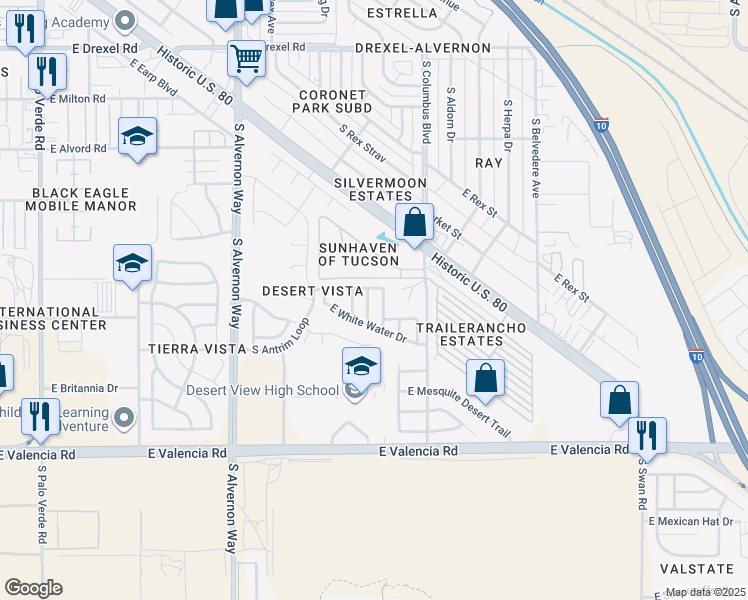 map of restaurants, bars, coffee shops, grocery stores, and more near 6205 South Blue Water Drive in Tucson