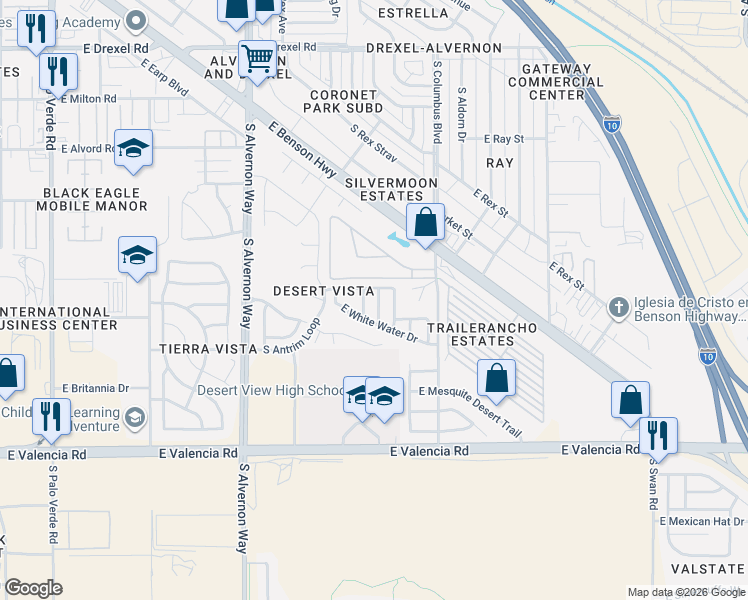 map of restaurants, bars, coffee shops, grocery stores, and more near 6204 South Blue Water Drive in Tucson