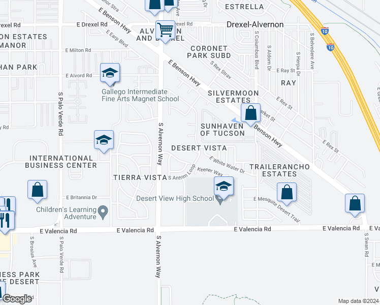 map of restaurants, bars, coffee shops, grocery stores, and more near 4016 East Big Game Place in Tucson