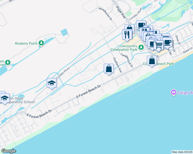 map of restaurants, bars, coffee shops, grocery stores, and more near 19 Lemoyne Avenue in Hilton Head Island