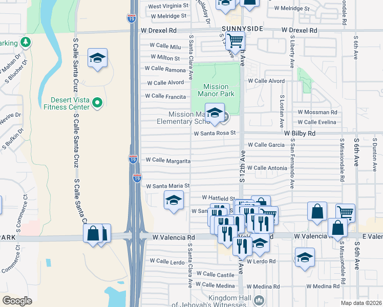 map of restaurants, bars, coffee shops, grocery stores, and more near 6100 South Santa Clara Avenue in Tucson