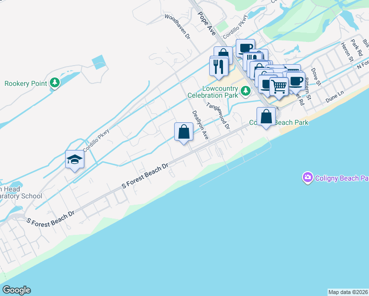map of restaurants, bars, coffee shops, grocery stores, and more near 36 South Forest Beach Drive in Hilton Head Island