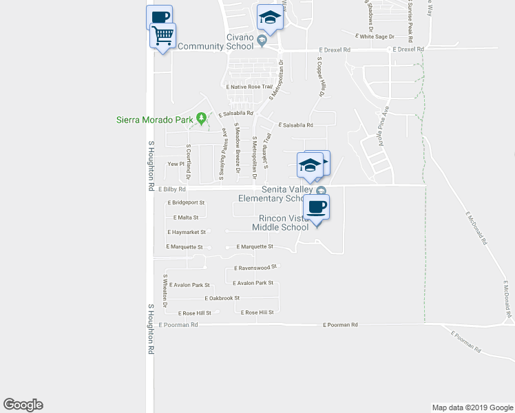 map of restaurants, bars, coffee shops, grocery stores, and more near 10614 East Bridgeport Street in Tucson