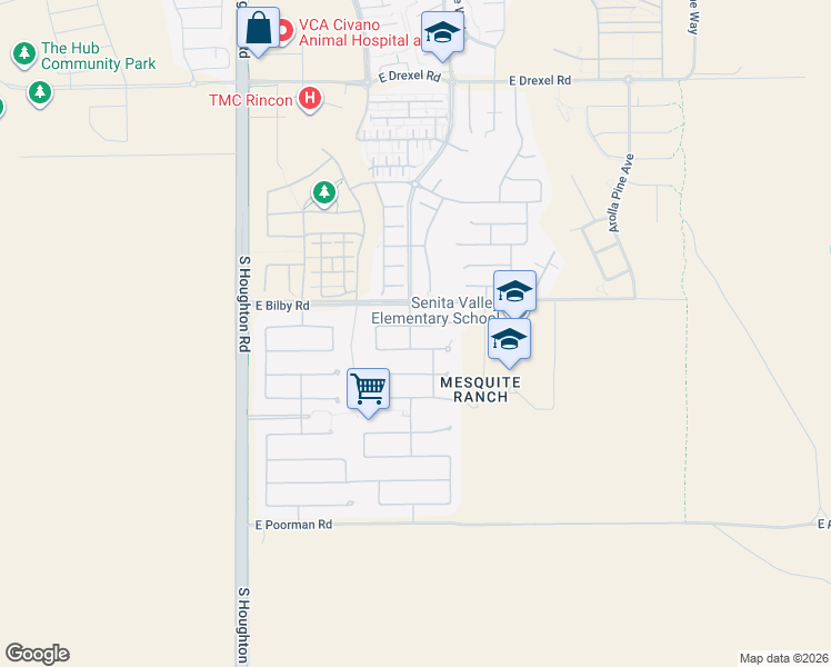 map of restaurants, bars, coffee shops, grocery stores, and more near 10615 East Bridgeport Street in Tucson