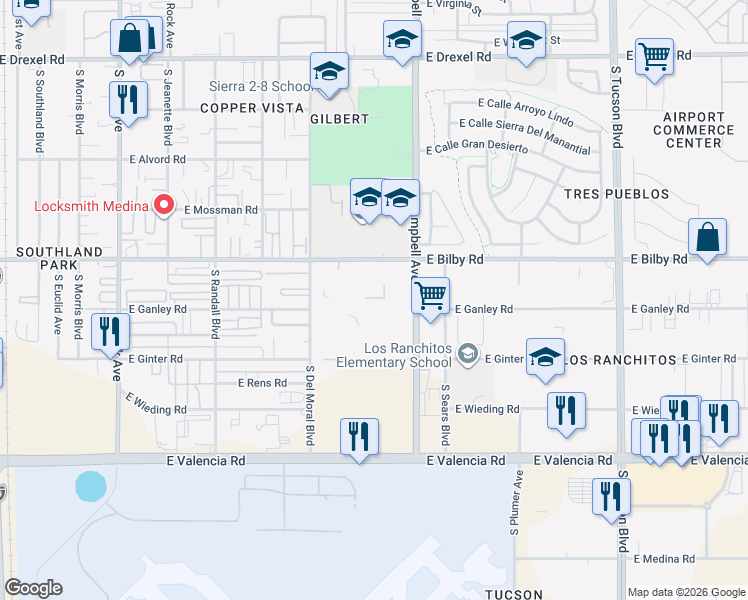 map of restaurants, bars, coffee shops, grocery stores, and more near 6200 South Campbell Avenue in Tucson