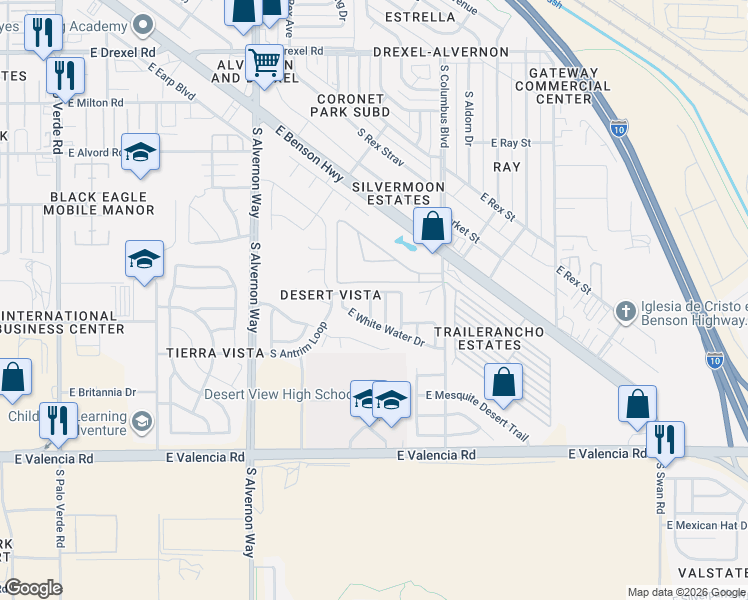 map of restaurants, bars, coffee shops, grocery stores, and more near 6195 South Black Water Drive in Tucson