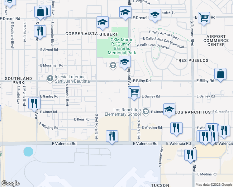 map of restaurants, bars, coffee shops, grocery stores, and more near 1710 East Bilby Road in Tucson