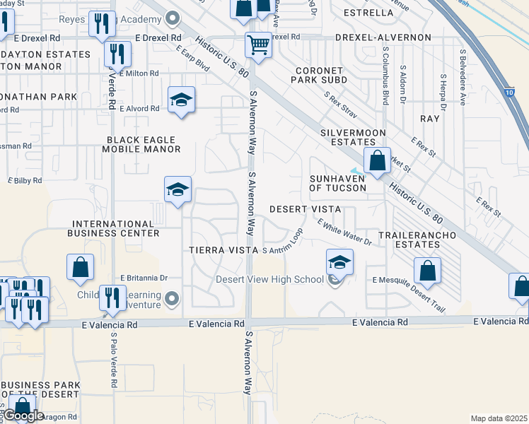 map of restaurants, bars, coffee shops, grocery stores, and more near 3931 East Isaiah Drive in Tucson