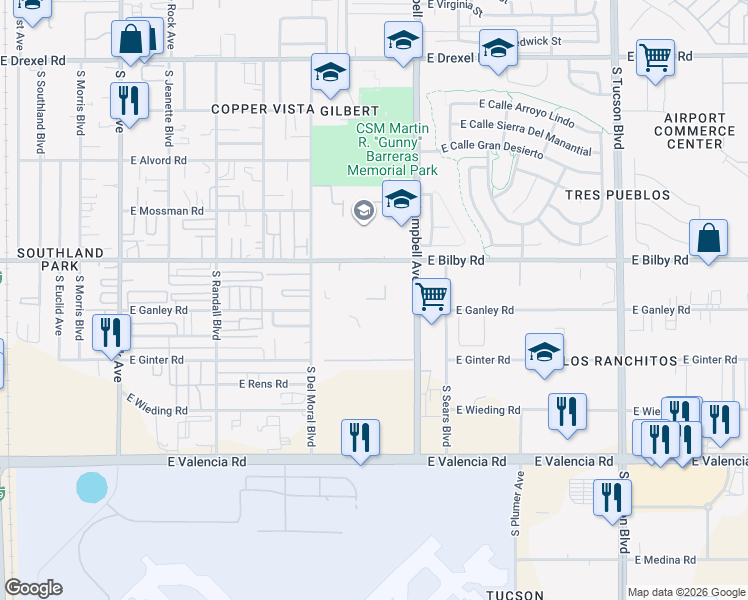 map of restaurants, bars, coffee shops, grocery stores, and more near 1710 East Bilby Road in Tucson