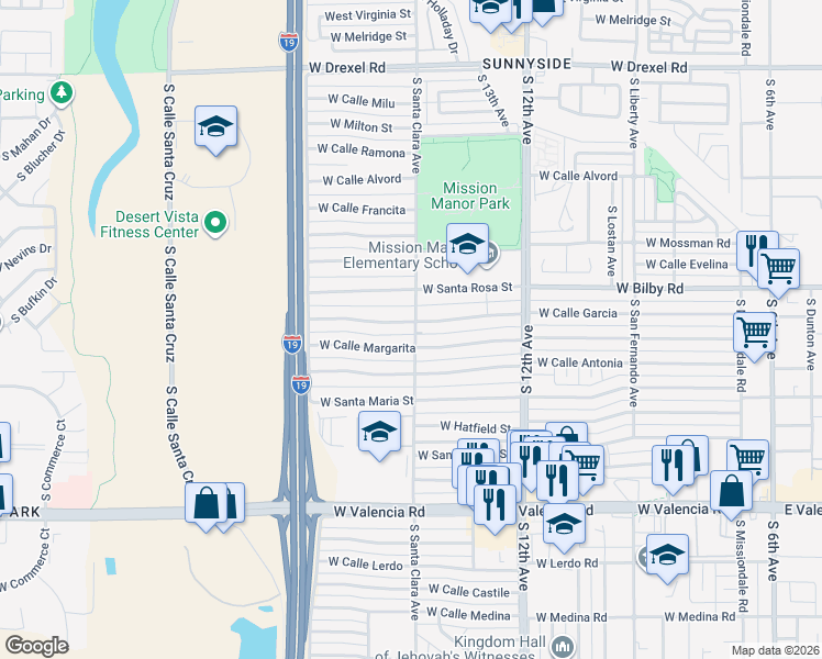 map of restaurants, bars, coffee shops, grocery stores, and more near 6100-6148 S Santa Clara Ave in Tucson