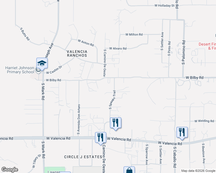 map of restaurants, bars, coffee shops, grocery stores, and more near 4639 West Bilby Road in Tucson