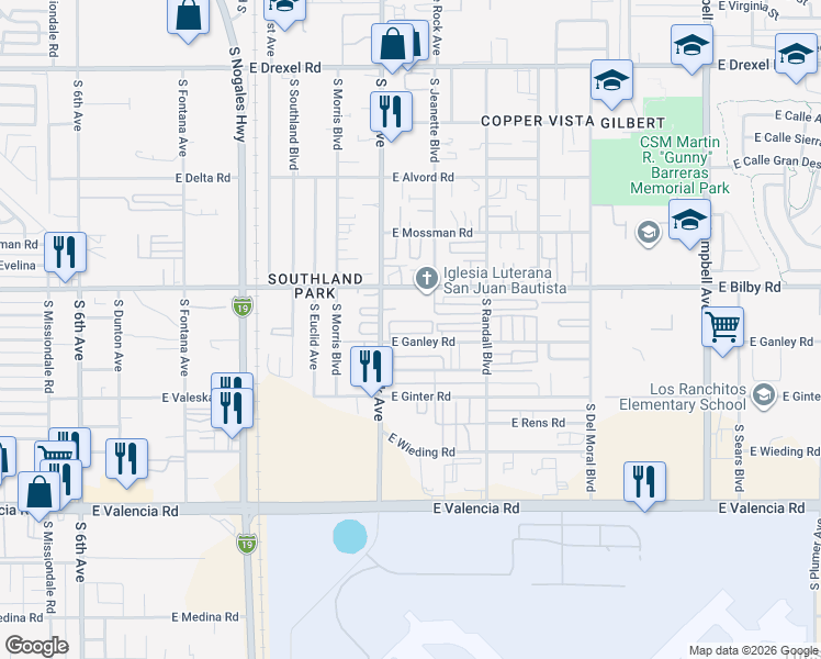 map of restaurants, bars, coffee shops, grocery stores, and more near 6161 South Park Avenue in Tucson