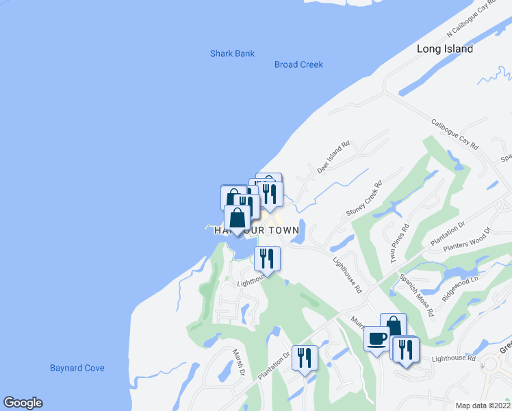 map of restaurants, bars, coffee shops, grocery stores, and more near 730 Lighthouse Road in Hilton Head Island