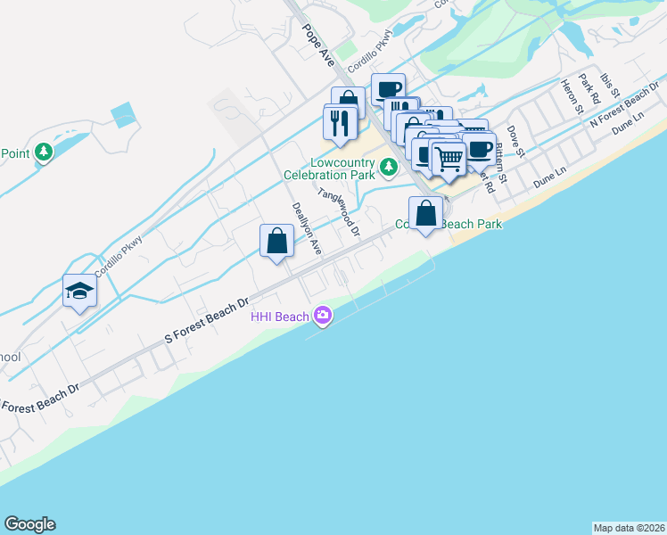 map of restaurants, bars, coffee shops, grocery stores, and more near 58 Deallyon Avenue in Hilton Head Island