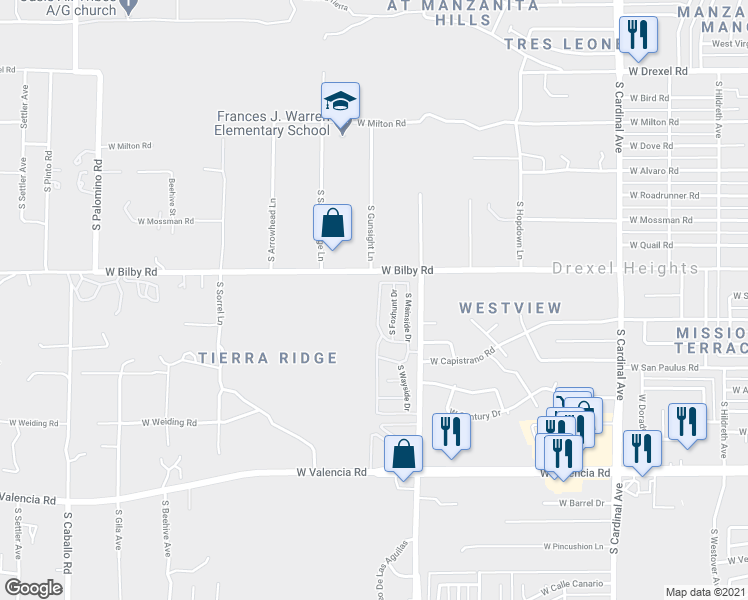map of restaurants, bars, coffee shops, grocery stores, and more near 6136 South Barrister Road in Tucson
