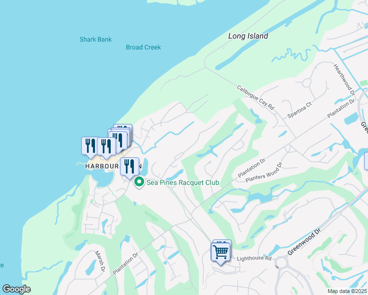 map of restaurants, bars, coffee shops, grocery stores, and more near 31 Stoney Creek Road in Hilton Head Island