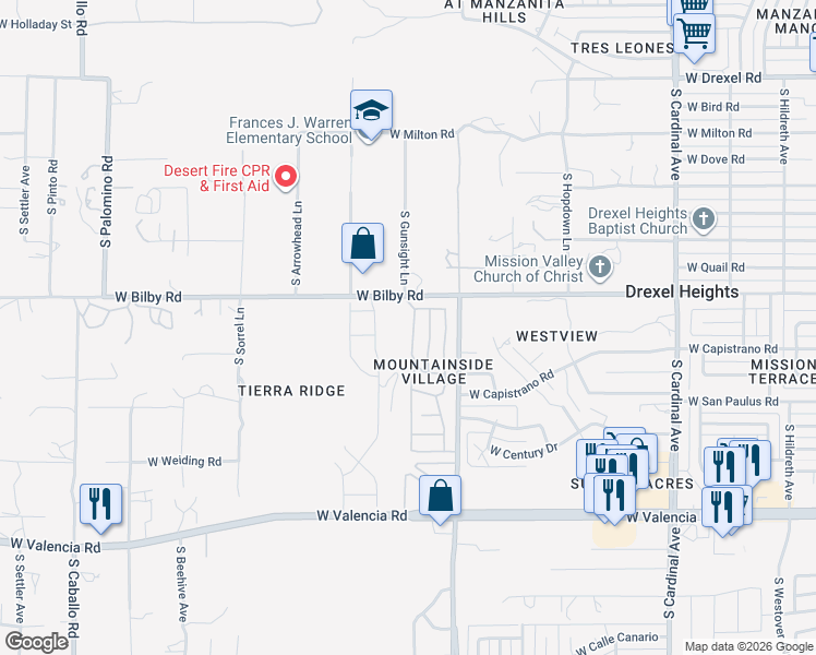 map of restaurants, bars, coffee shops, grocery stores, and more near 6136 South Barrister Road in Tucson