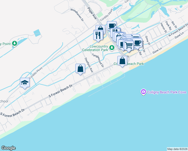 map of restaurants, bars, coffee shops, grocery stores, and more near 58 Deallyon Avenue in Hilton Head Island