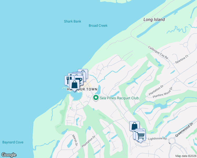 map of restaurants, bars, coffee shops, grocery stores, and more near 2010 Deer Island Road in Hilton Head Island