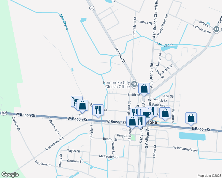 map of restaurants, bars, coffee shops, grocery stores, and more near 262 West Smith Street in Pembroke