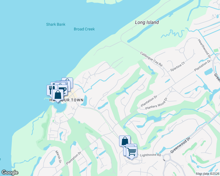 map of restaurants, bars, coffee shops, grocery stores, and more near 31 Stoney Creek Road in Hilton Head Island