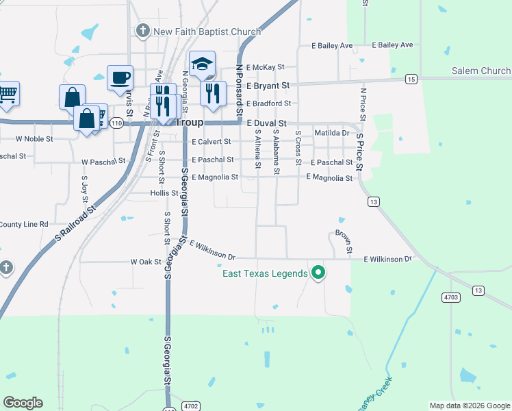 map of restaurants, bars, coffee shops, grocery stores, and more near 519 South Athena Street in Troup