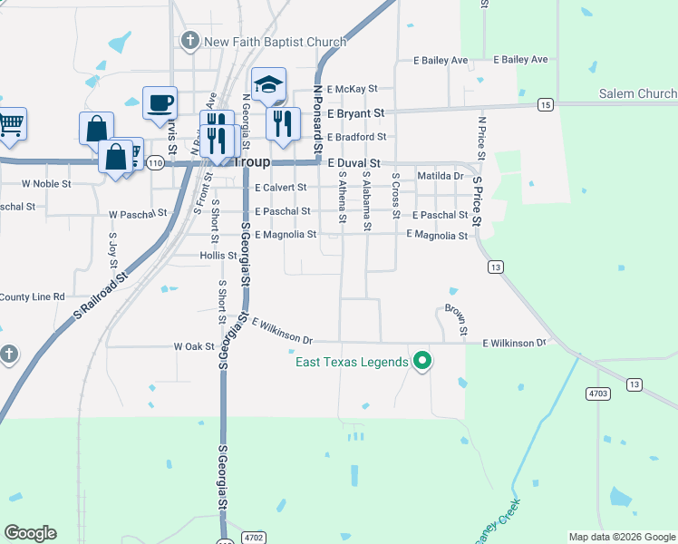 map of restaurants, bars, coffee shops, grocery stores, and more near 519 South Athena Street in Troup