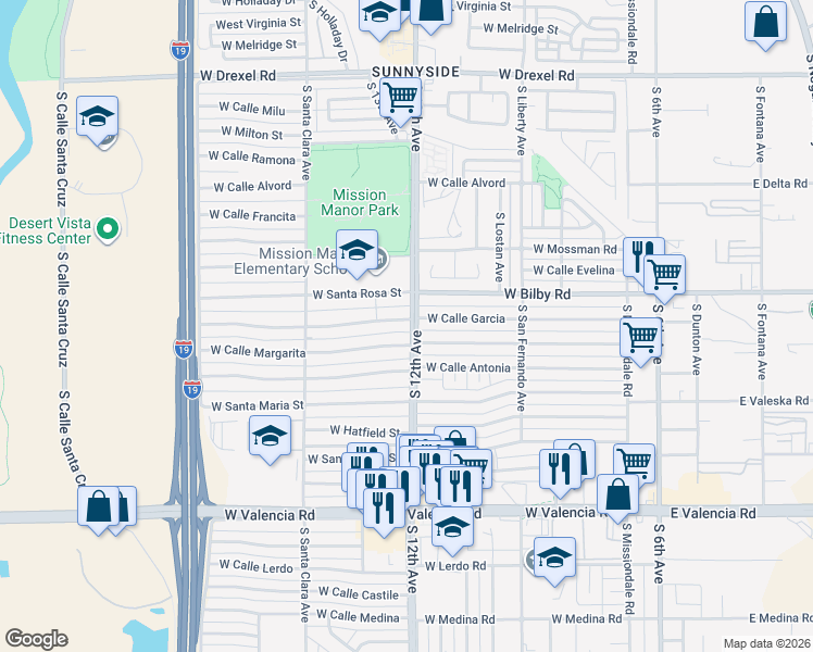 map of restaurants, bars, coffee shops, grocery stores, and more near 601 West Calle Garcia in Tucson
