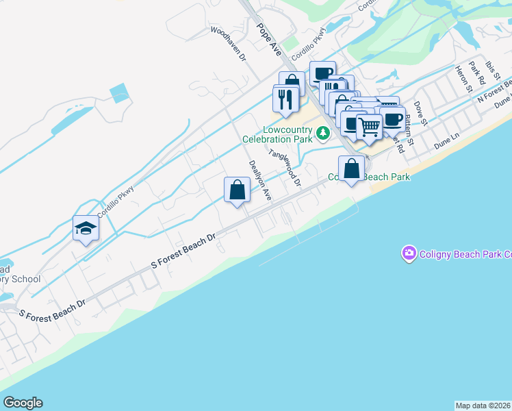 map of restaurants, bars, coffee shops, grocery stores, and more near 32 South Forest Beach Drive in Hilton Head Island