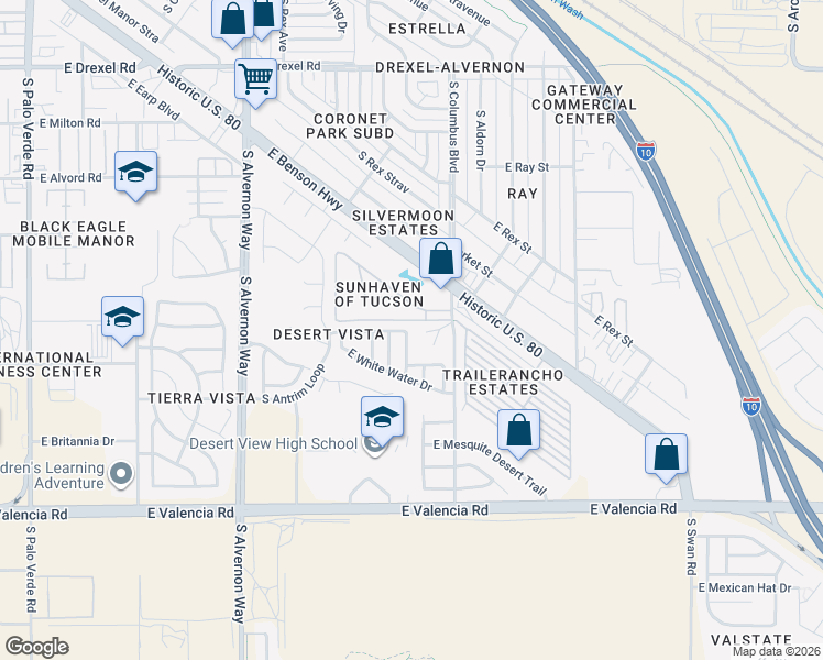 map of restaurants, bars, coffee shops, grocery stores, and more near 6183 South Water Fountain Drive in Tucson