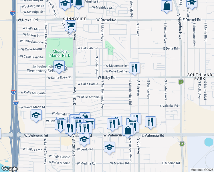 map of restaurants, bars, coffee shops, grocery stores, and more near 310 West Calle Garcia in Tucson