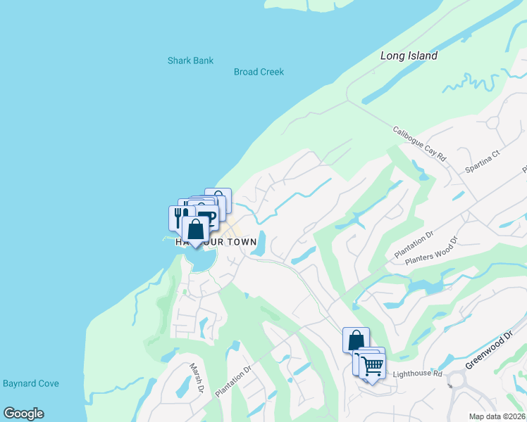 map of restaurants, bars, coffee shops, grocery stores, and more near 2010 Deer Island Road in Hilton Head Island