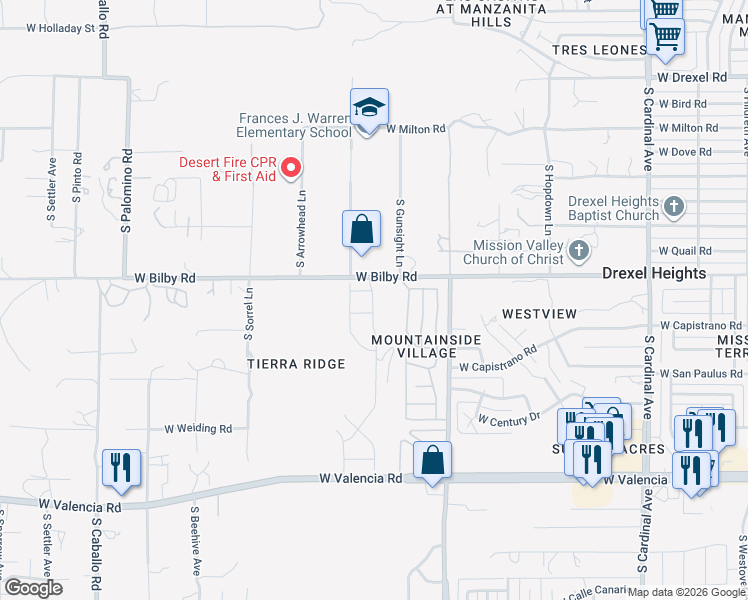 map of restaurants, bars, coffee shops, grocery stores, and more near 3453-3599 West Bilby Road in Tucson